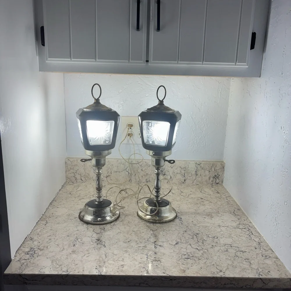 Art Deco MCM Vintage Black and Silver Street Light Lanterns Lamps Retro